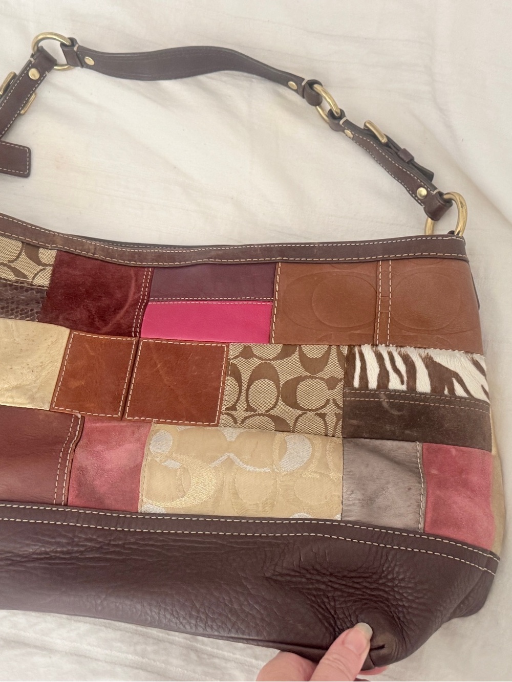 Vintage Coach  Patchwork Shoulder Bag Brown Multicolor Gold Hardware Zip